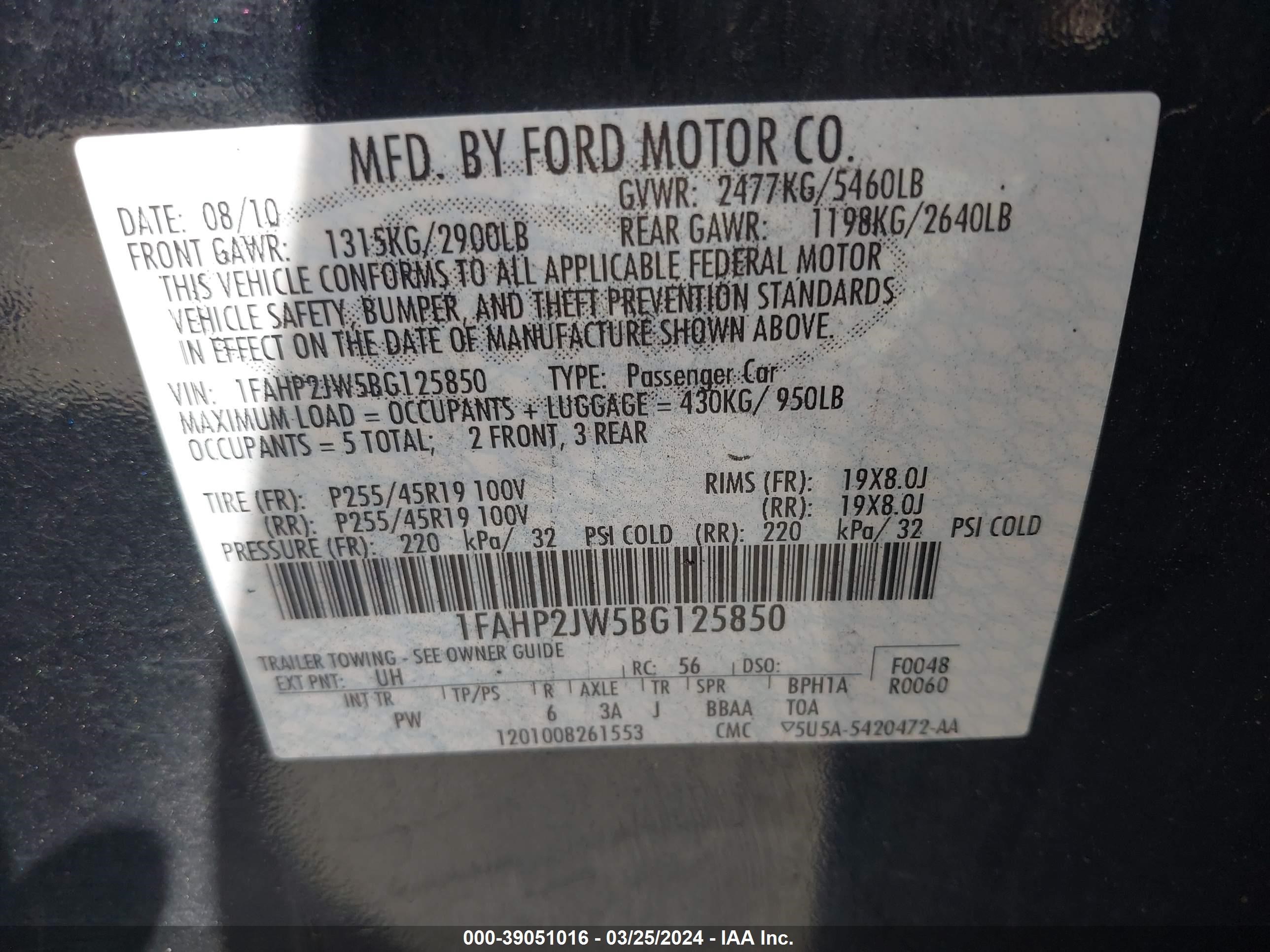 Photo 8 VIN: 1FAHP2JW5BG125850 - FORD TAURUS 