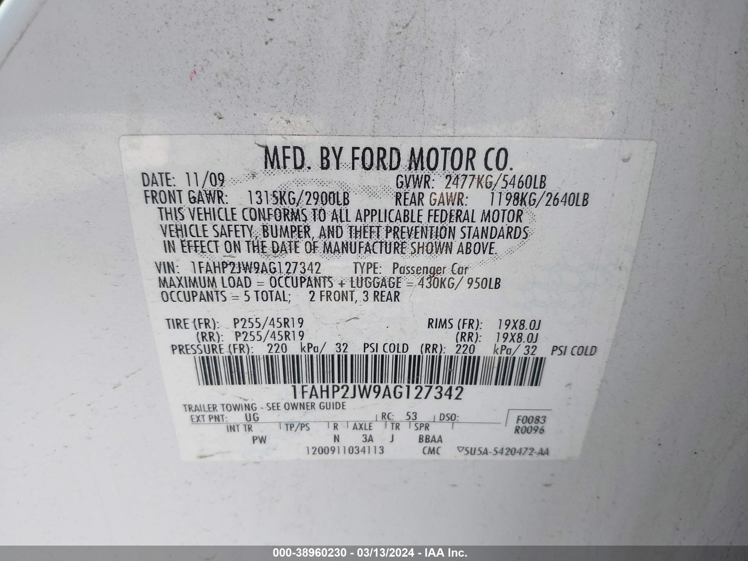 Photo 8 VIN: 1FAHP2JW9AG127342 - FORD TAURUS 