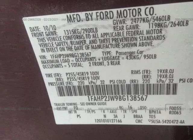 Photo 8 VIN: 1FAHP2JW9BG138567 - FORD TAURUS 