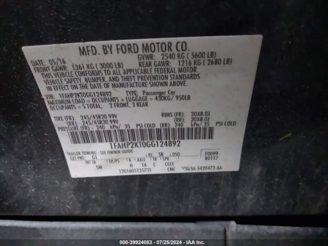 Photo 8 VIN: 1FAHP2KT0GG124892 - FORD TAURUS 