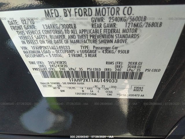 Photo 8 VIN: 1FAHP2KT1AG149033 - FORD TAURUS 