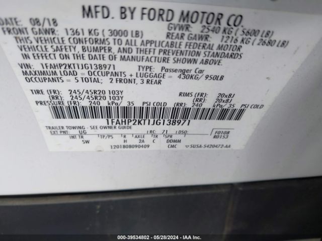 Photo 8 VIN: 1FAHP2KT1JG138971 - FORD TAURUS 