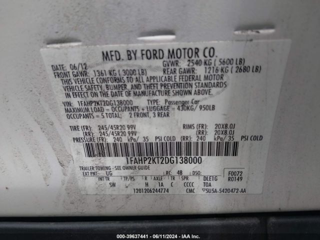 Photo 8 VIN: 1FAHP2KT2DG138000 - FORD TAURUS 