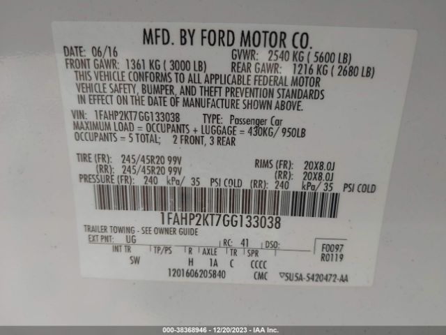 Photo 8 VIN: 1FAHP2KT7GG133038 - FORD TAURUS 