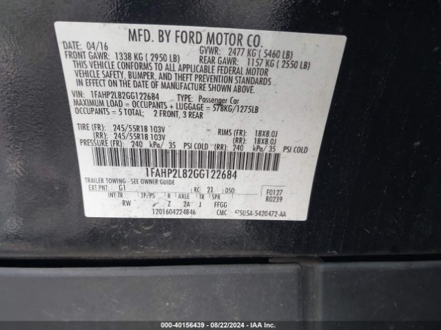 Photo 8 VIN: 1FAHP2L82GG122684 - FORD TAURUS 