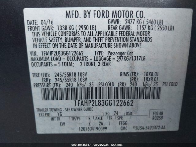 Photo 8 VIN: 1FAHP2L83GG122662 - FORD TAURUS 