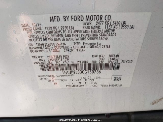 Photo 8 VIN: 1FAHP2L83GG150736 - FORD TAURUS 