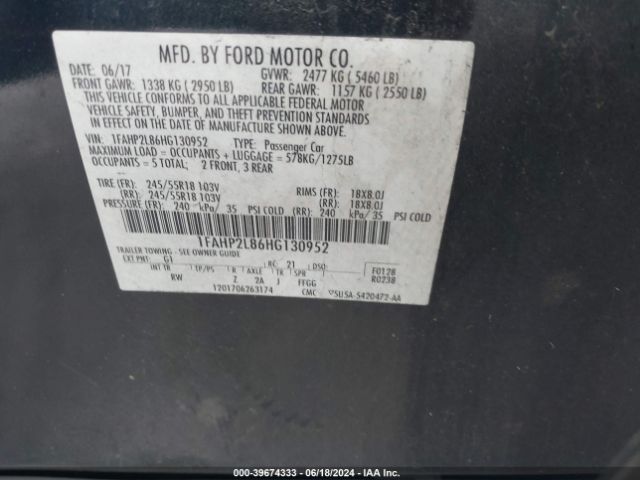 Photo 8 VIN: 1FAHP2L86HG130952 - FORD TAURUS 