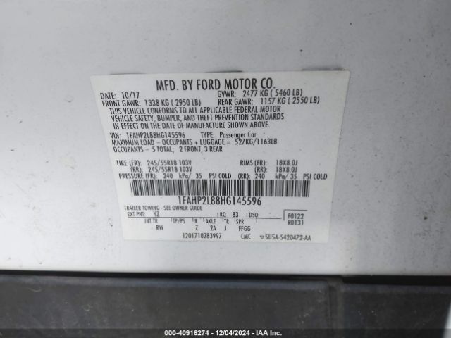 Photo 8 VIN: 1FAHP2L88HG145596 - FORD TAURUS 