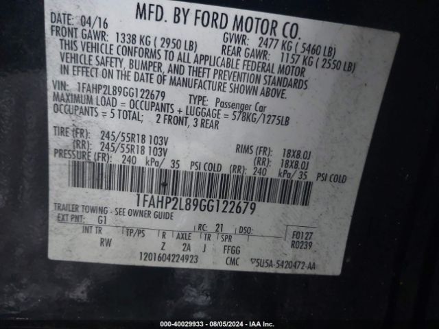 Photo 8 VIN: 1FAHP2L89GG122679 - FORD TAURUS 