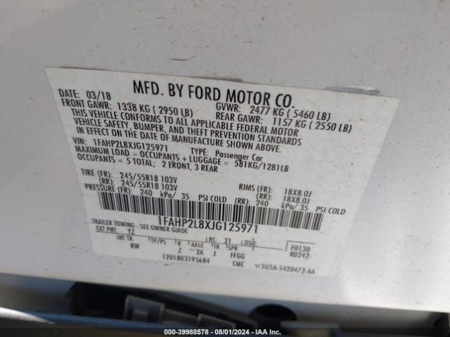 Photo 8 VIN: 1FAHP2L8XJG125971 - FORD TAURUS 