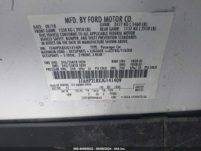 Photo 8 VIN: 1FAHP2L8XJG141409 - FORD TAURUS 