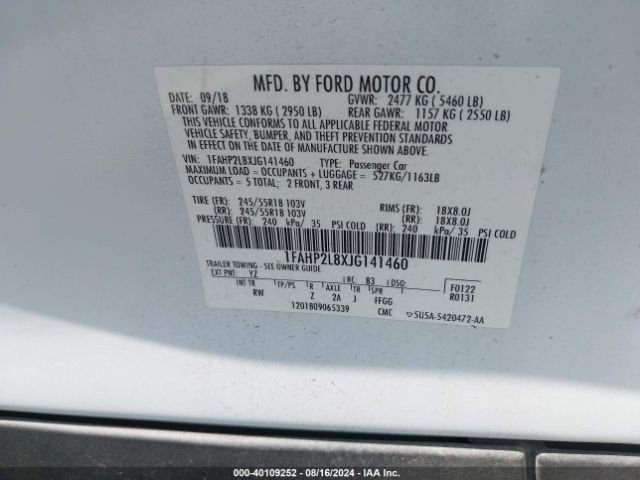 Photo 8 VIN: 1FAHP2L8XJG141460 - FORD TAURUS 