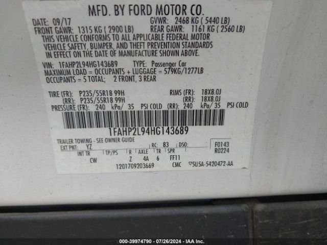 Photo 8 VIN: 1FAHP2L94HG143689 - FORD TAURUS 