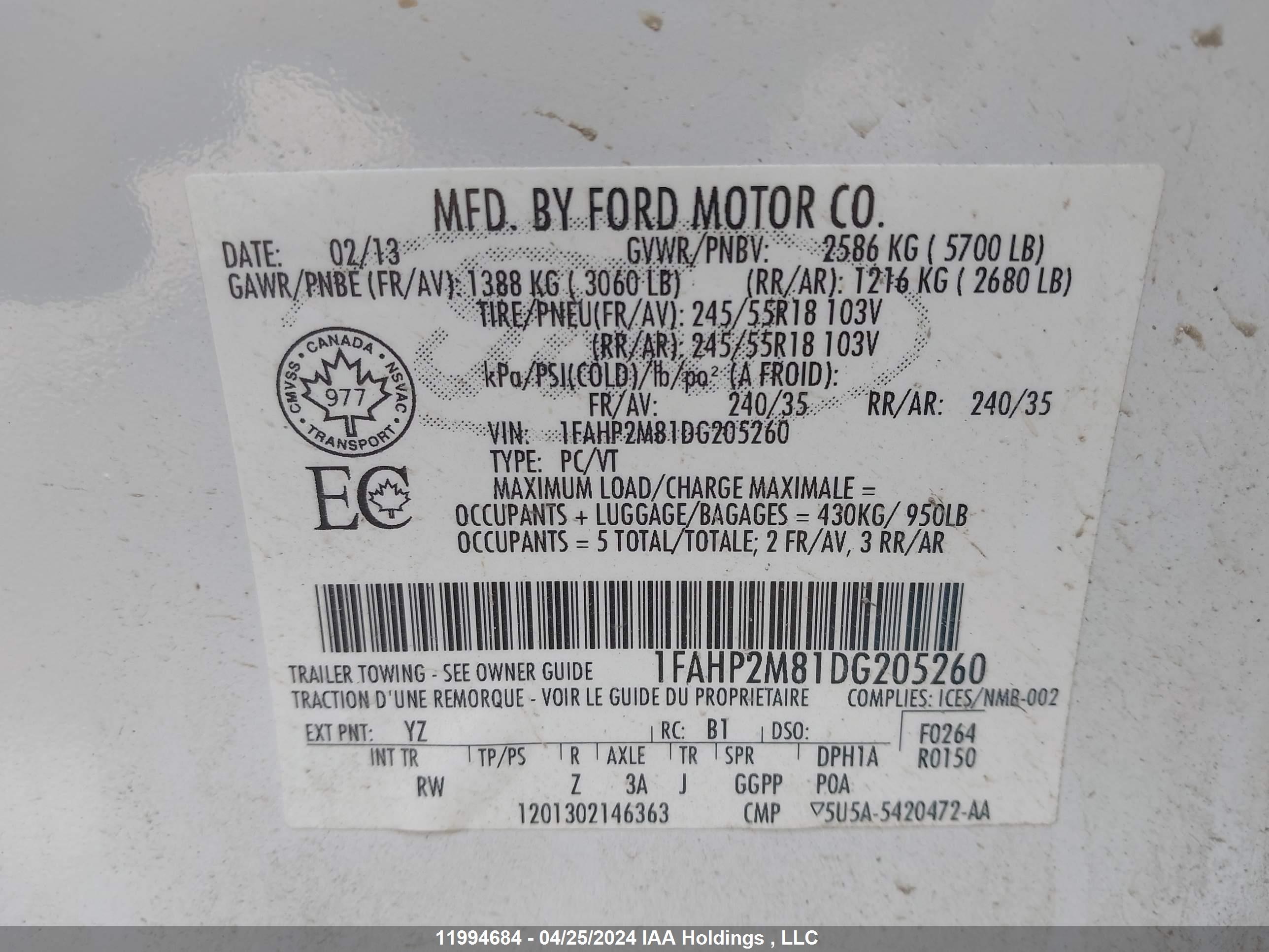 Photo 8 VIN: 1FAHP2M81DG205260 - FORD TAURUS 