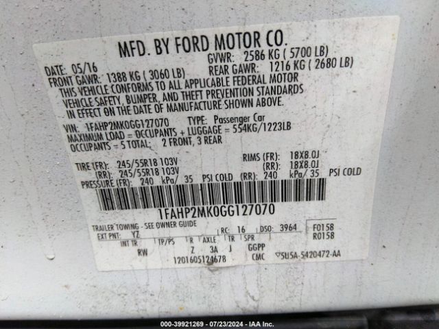 Photo 8 VIN: 1FAHP2MK0GG127070 - FORD TAURUS 