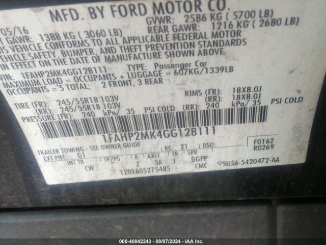 Photo 8 VIN: 1FAHP2MK4GG128111 - FORD TAURUS 