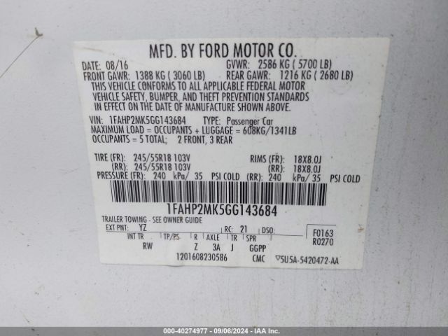 Photo 8 VIN: 1FAHP2MK5GG143684 - FORD TAURUS 