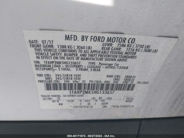 Photo 8 VIN: 1FAHP2MK5HG133657 - FORD TAURUS 