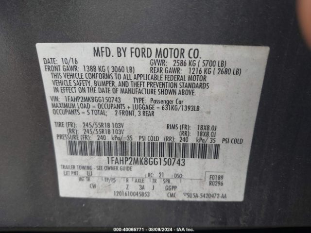 Photo 8 VIN: 1FAHP2MK8GG150743 - FORD TAURUS 