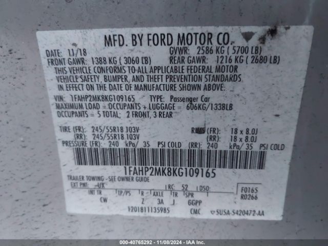 Photo 8 VIN: 1FAHP2MK8KG109165 - FORD TAURUS 