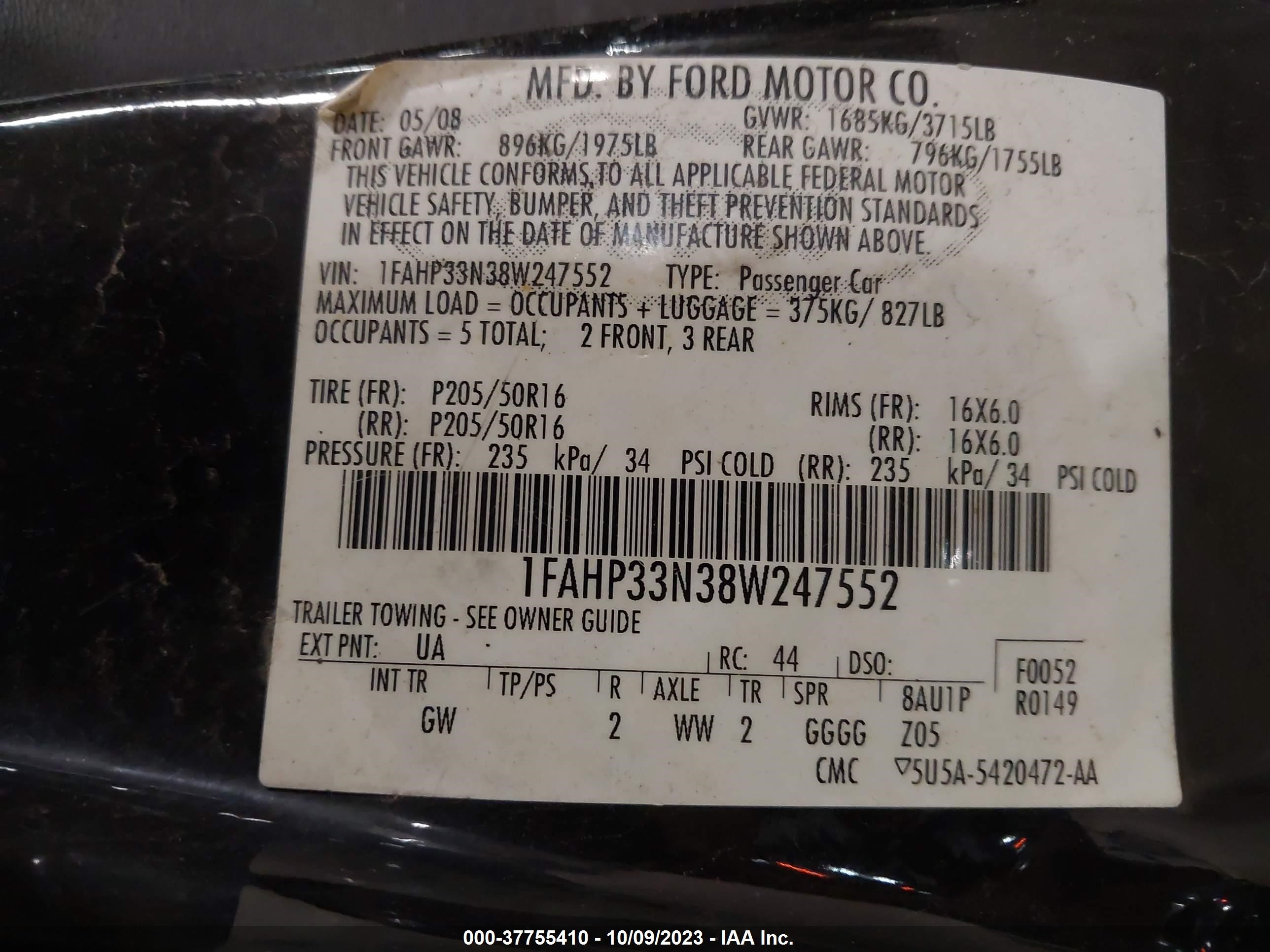 Photo 8 VIN: 1FAHP33N38W247552 - FORD FOCUS 