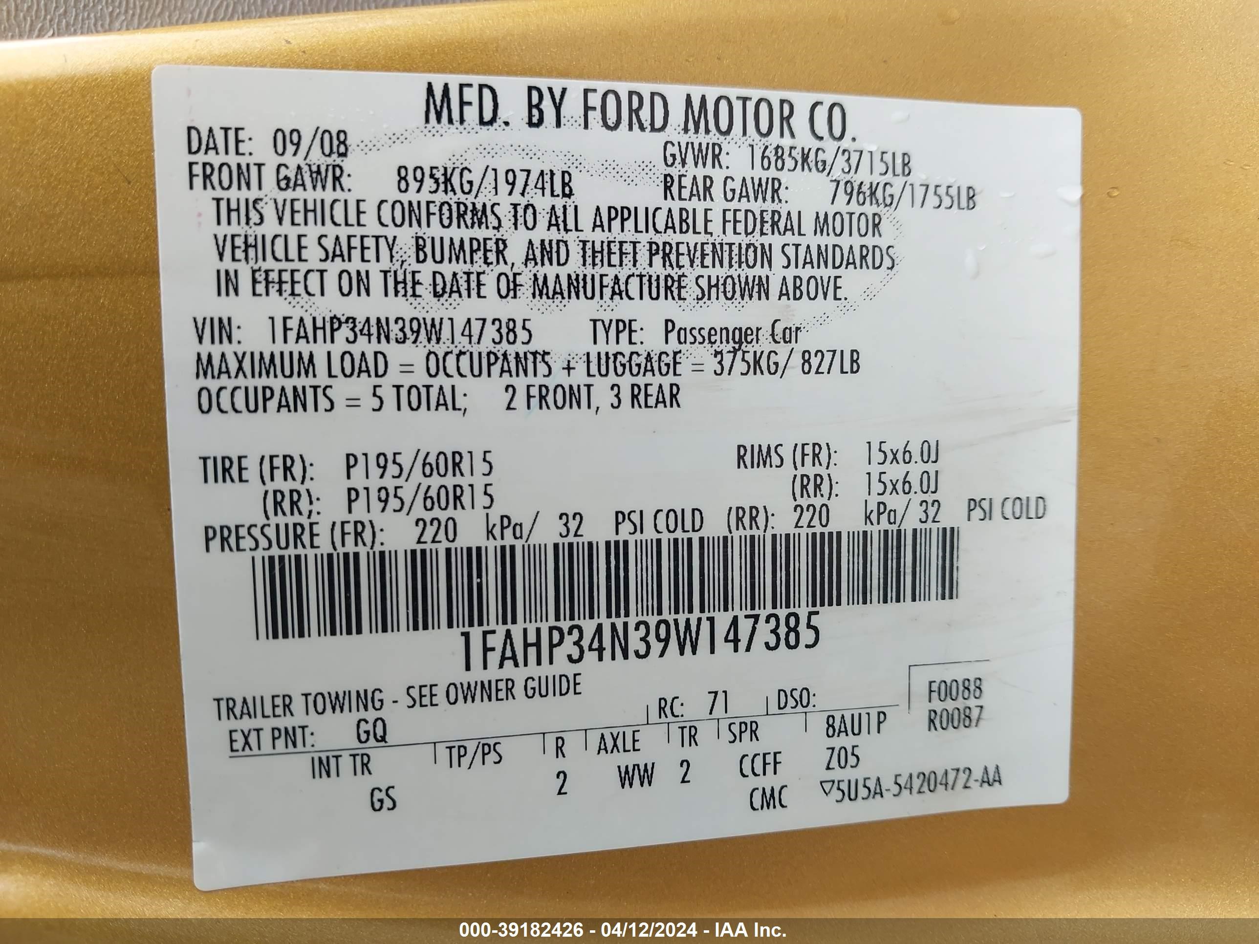 Photo 8 VIN: 1FAHP34N39W147385 - FORD FOCUS 