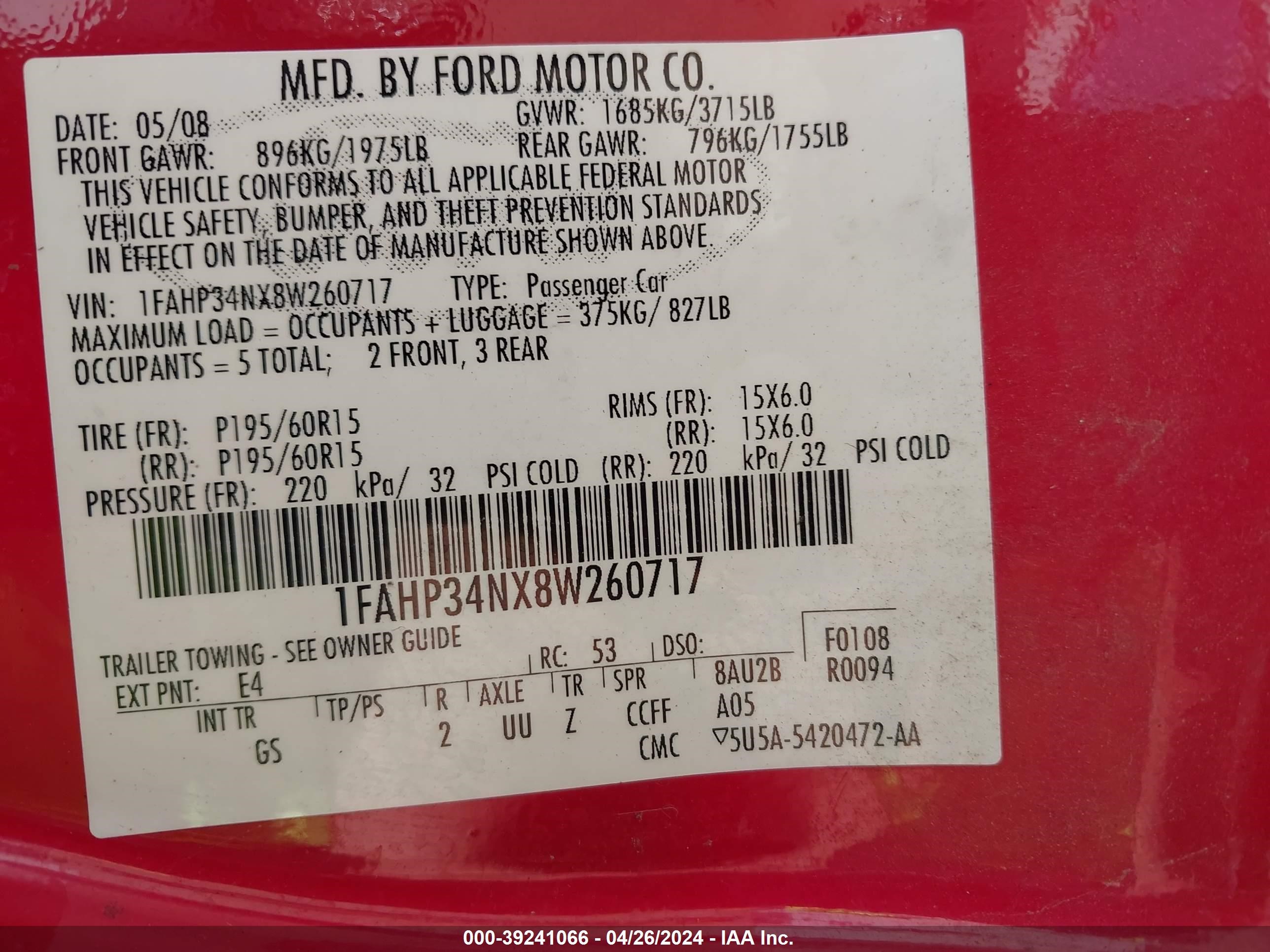 Photo 8 VIN: 1FAHP34NX8W260717 - FORD FOCUS 