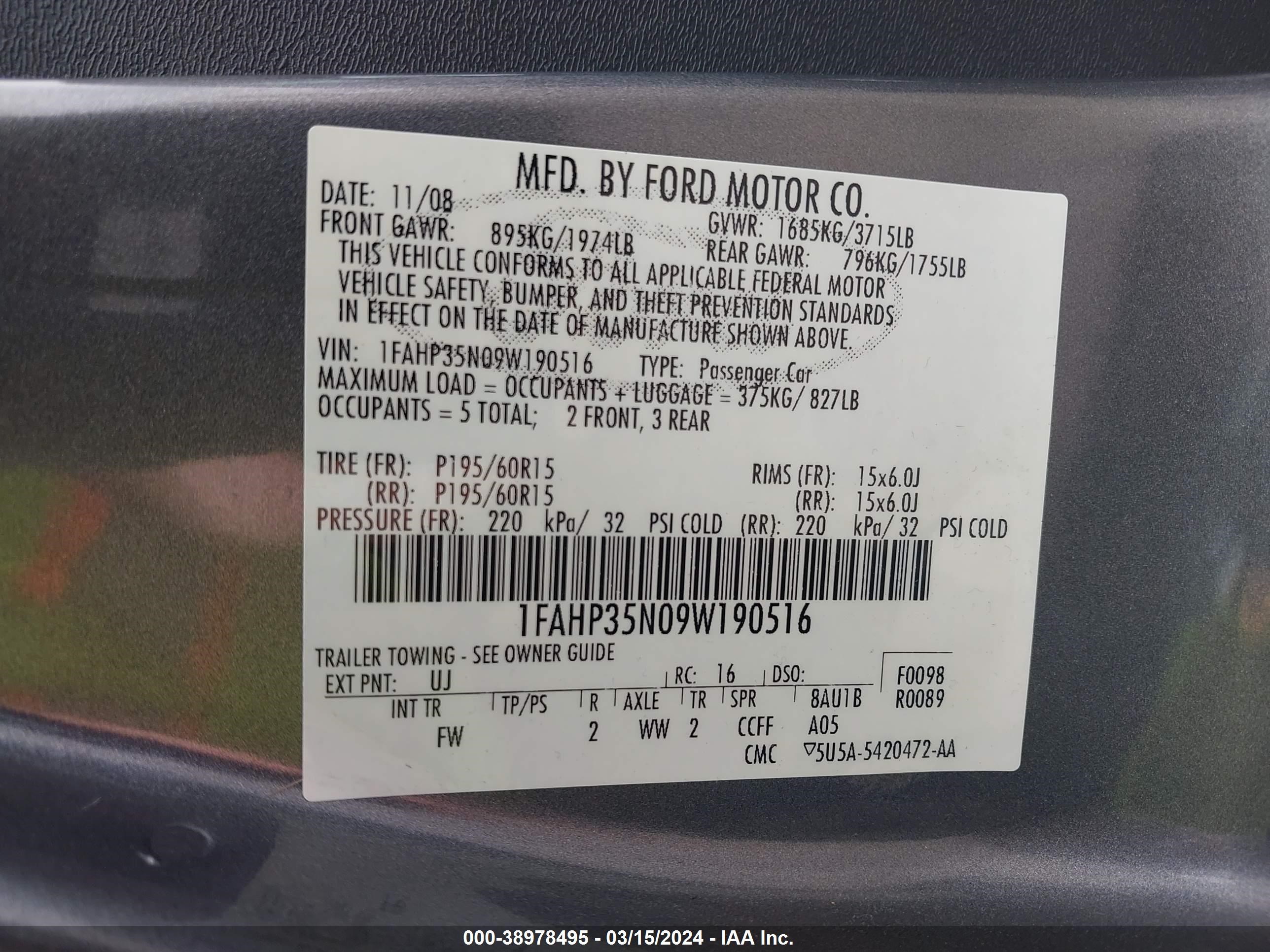 Photo 8 VIN: 1FAHP35N09W190516 - FORD FOCUS 