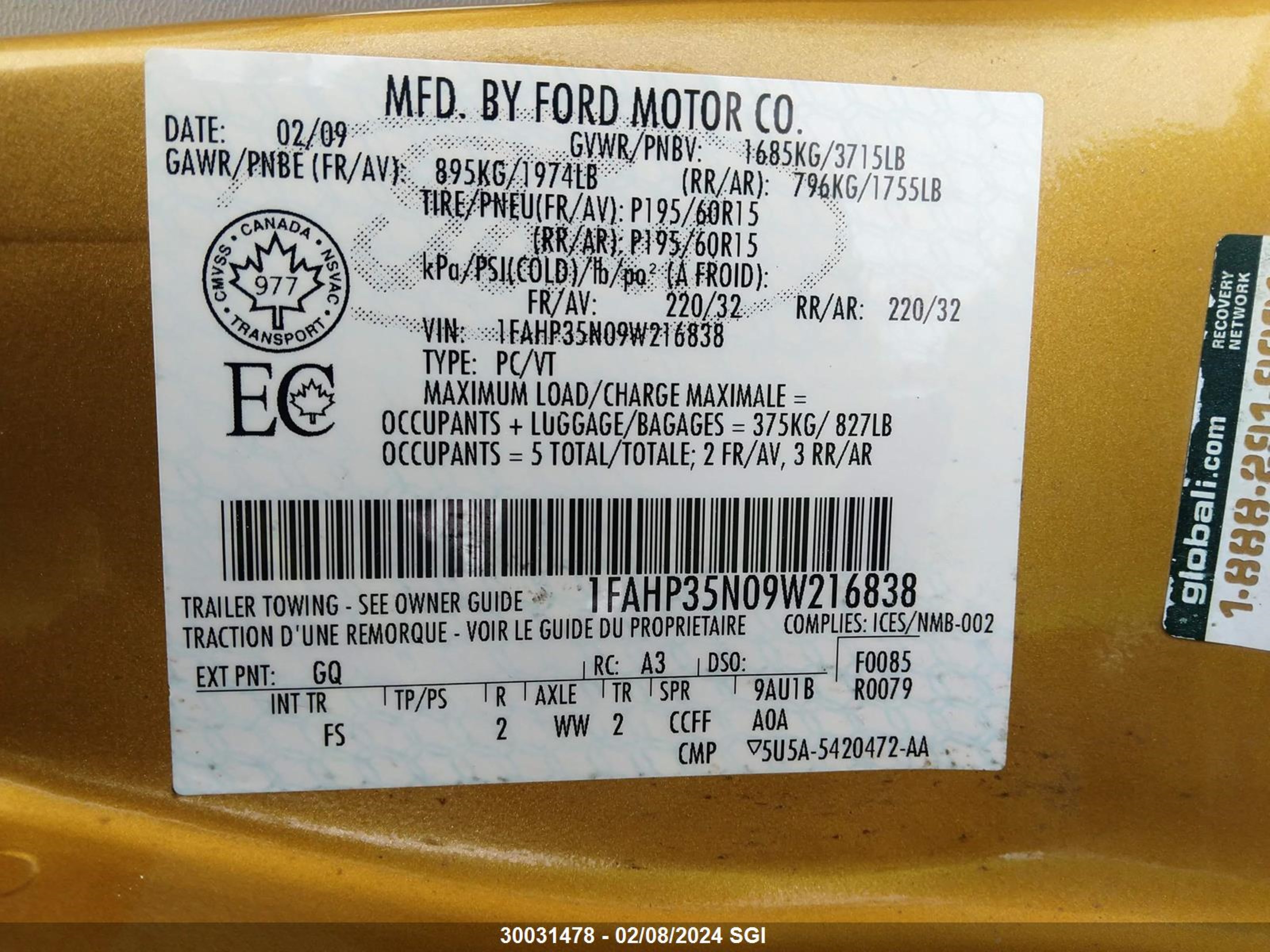 Photo 8 VIN: 1FAHP35N09W216838 - FORD FOCUS 