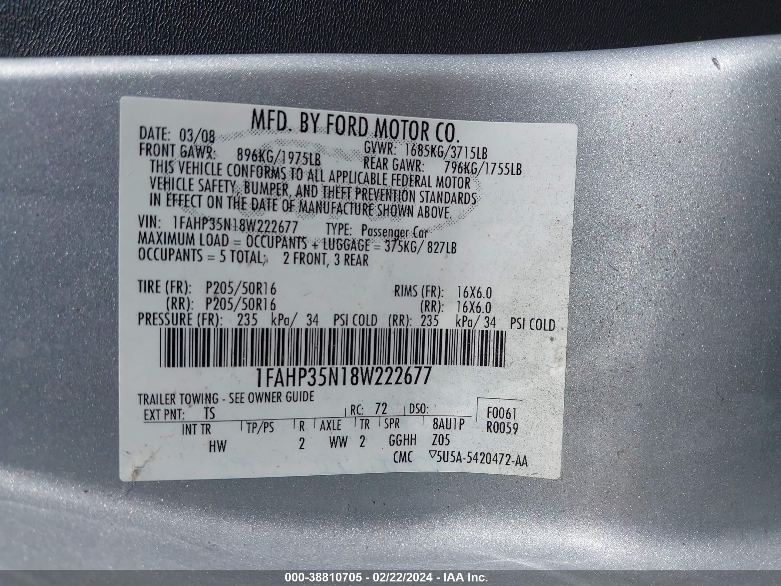 Photo 8 VIN: 1FAHP35N18W222677 - FORD FOCUS 