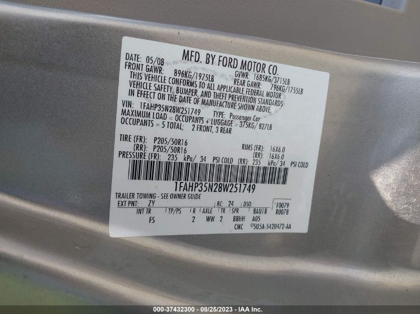 Photo 8 VIN: 1FAHP35N28W251749 - FORD FOCUS 