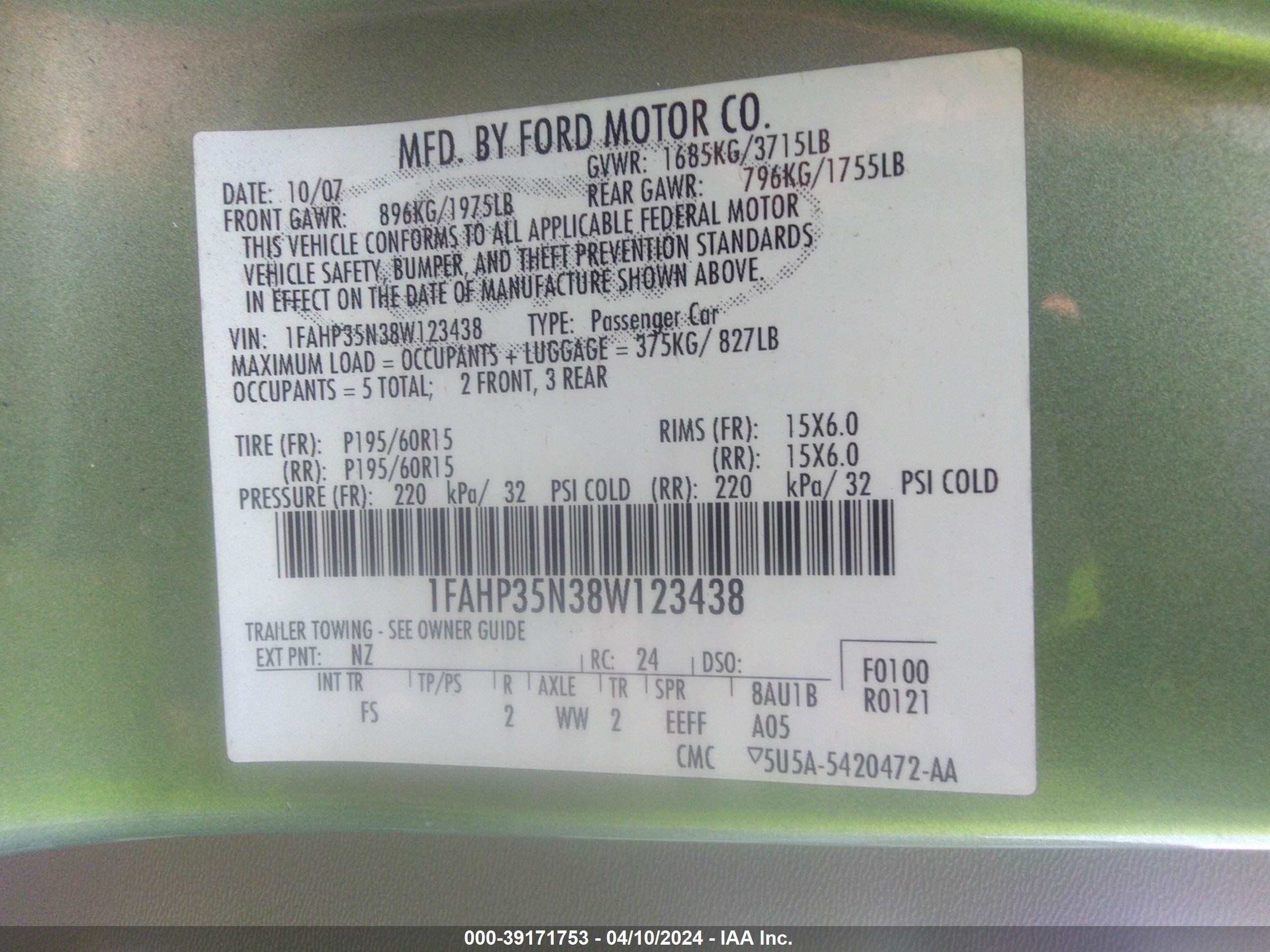 Photo 8 VIN: 1FAHP35N38W123438 - FORD FOCUS 