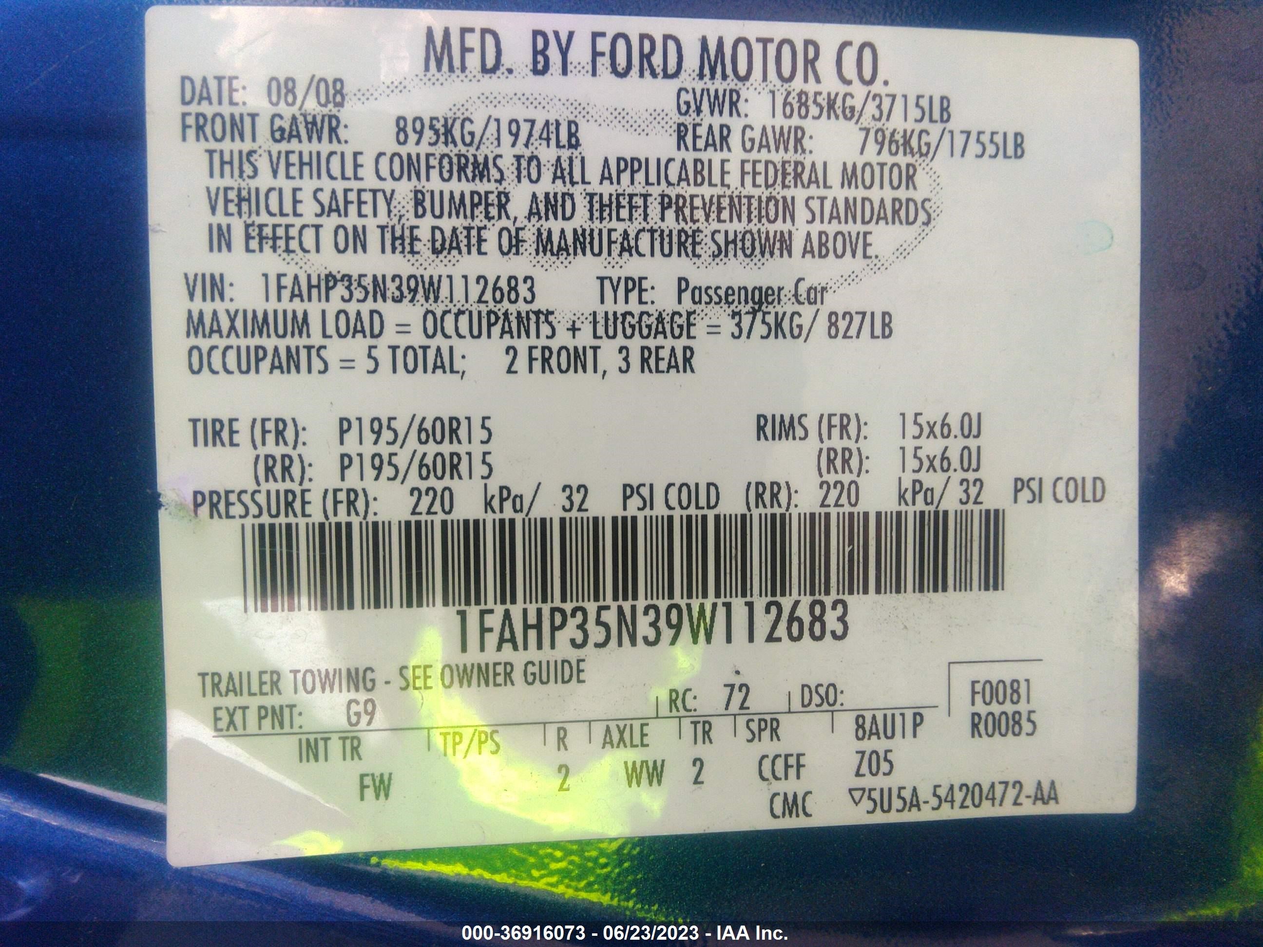 Photo 8 VIN: 1FAHP35N39W112683 - FORD FOCUS 