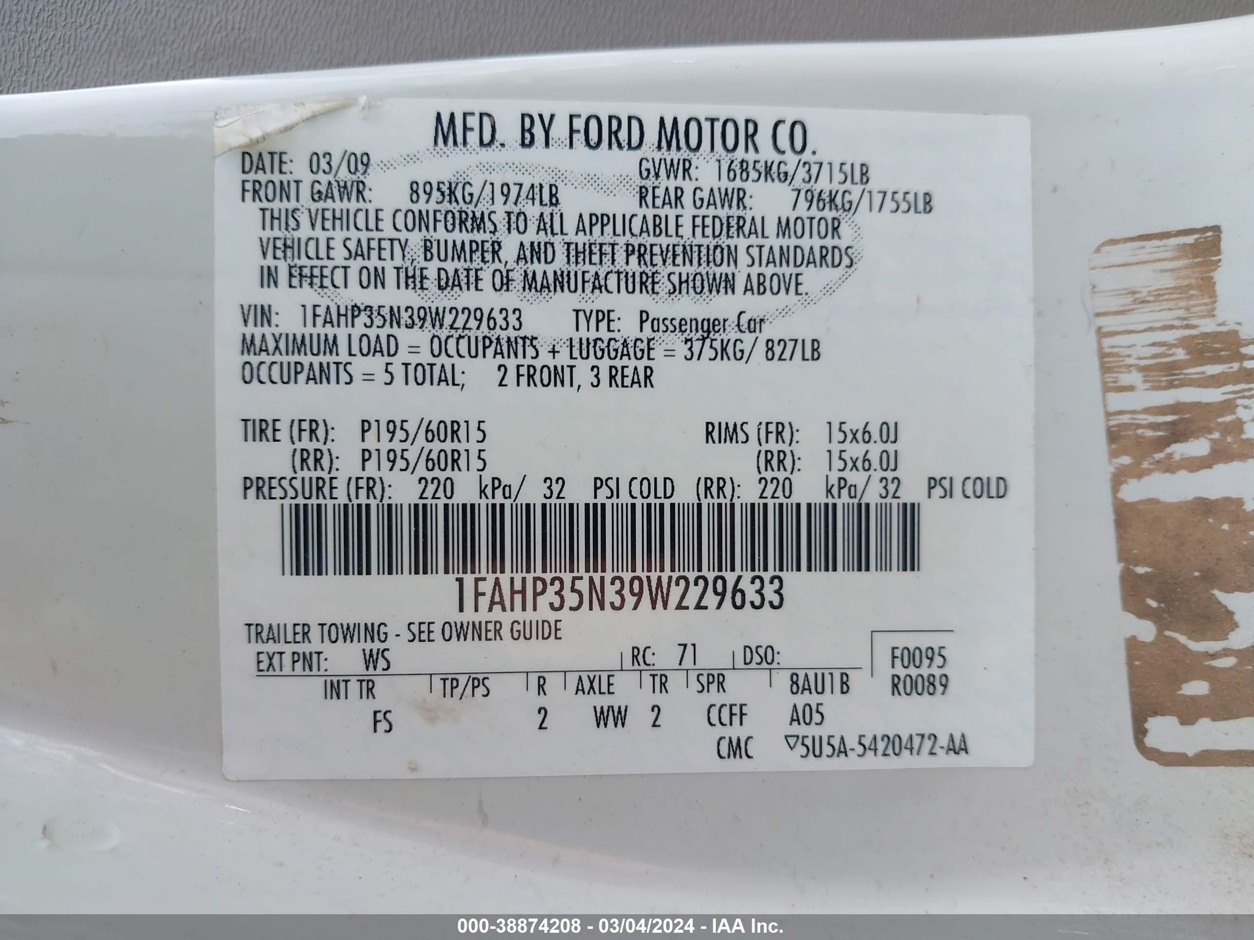 Photo 8 VIN: 1FAHP35N39W229633 - FORD FOCUS 