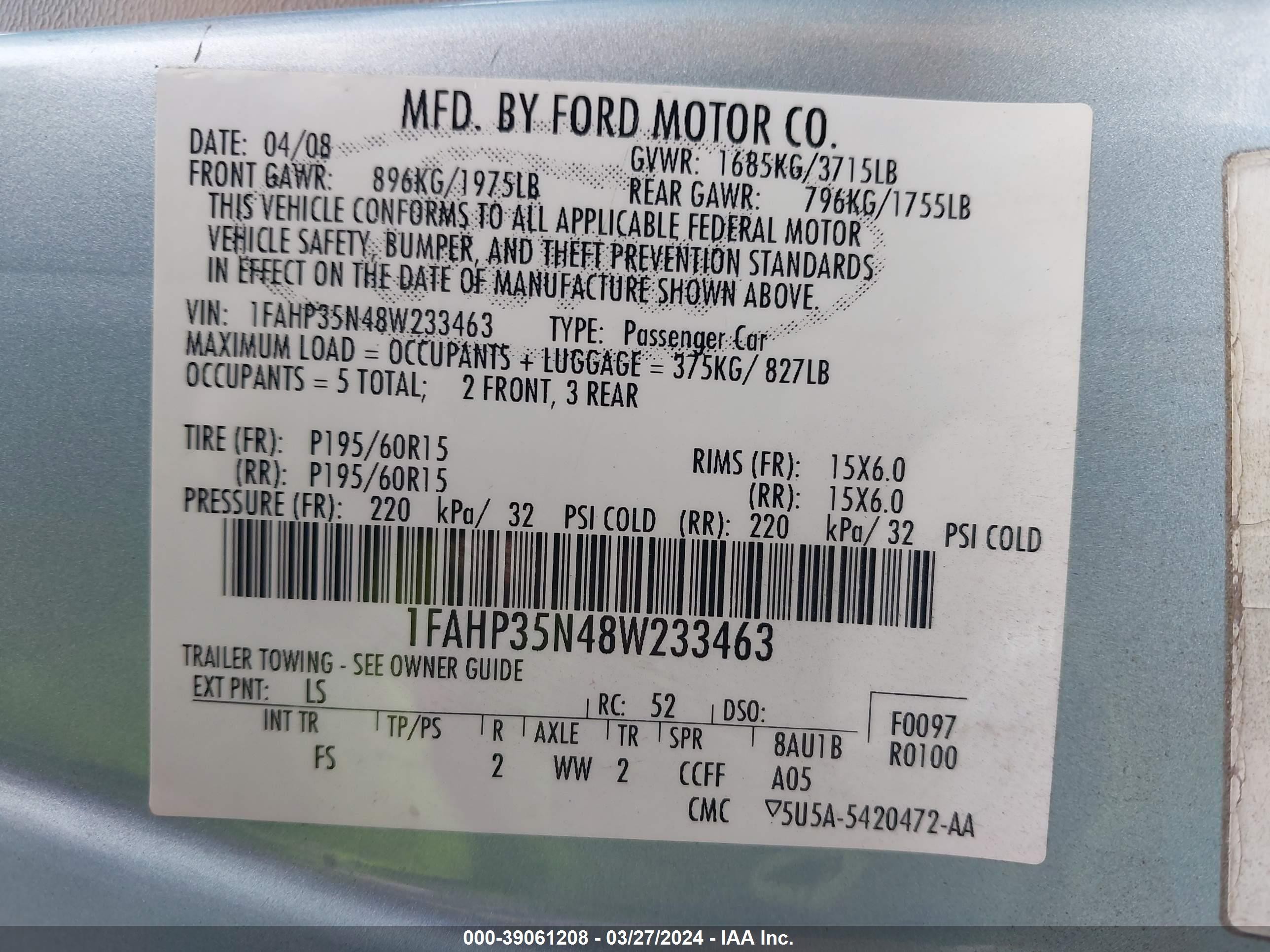 Photo 8 VIN: 1FAHP35N48W233463 - FORD FOCUS 