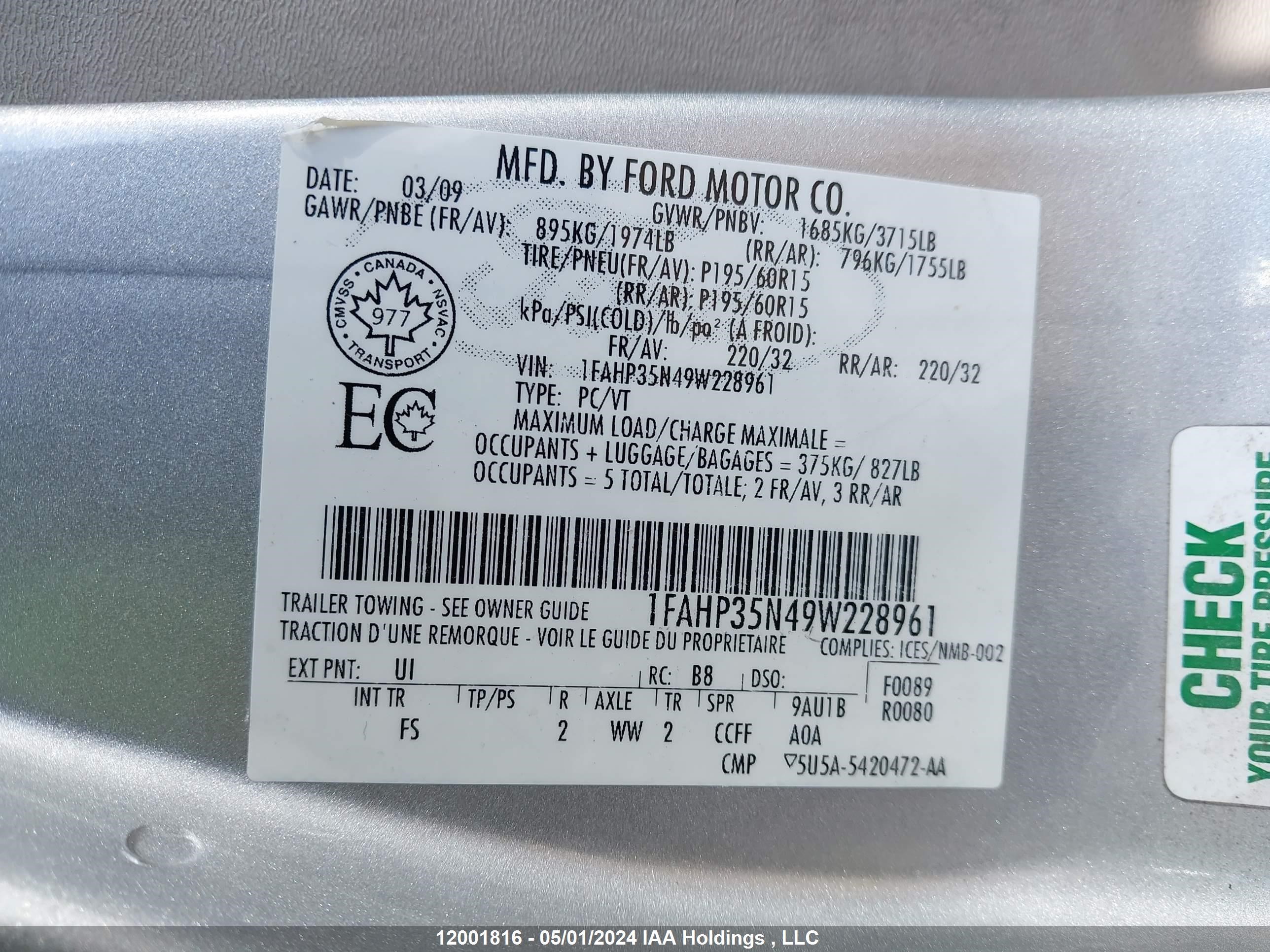 Photo 8 VIN: 1FAHP35N49W228961 - FORD FOCUS 