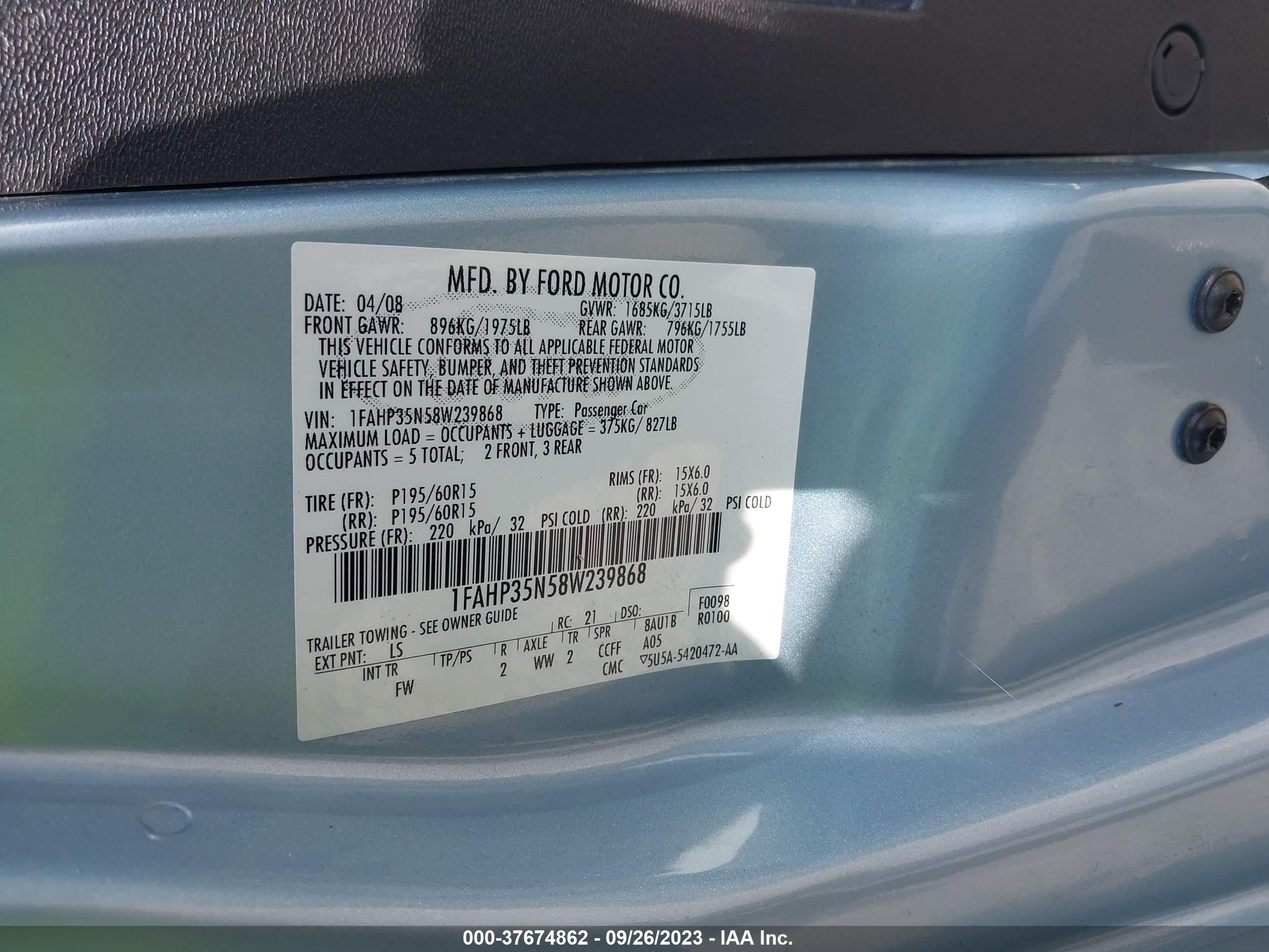 Photo 8 VIN: 1FAHP35N58W239868 - FORD FOCUS 