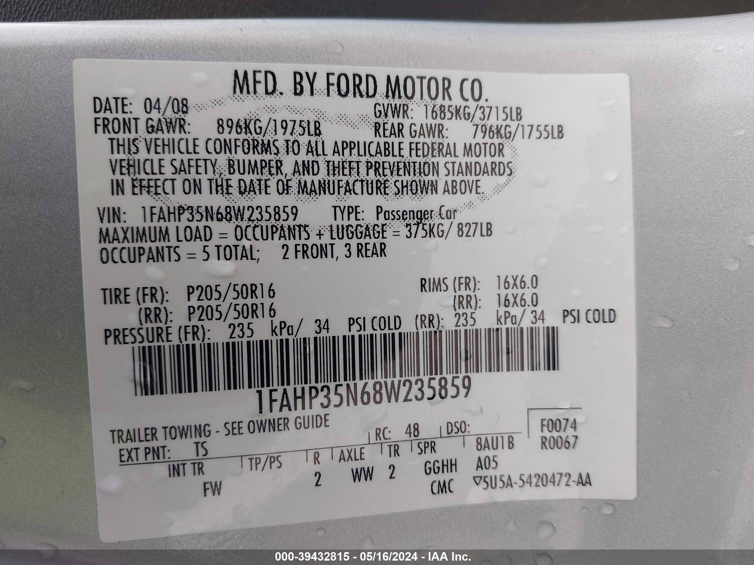 Photo 8 VIN: 1FAHP35N68W235859 - FORD FOCUS 