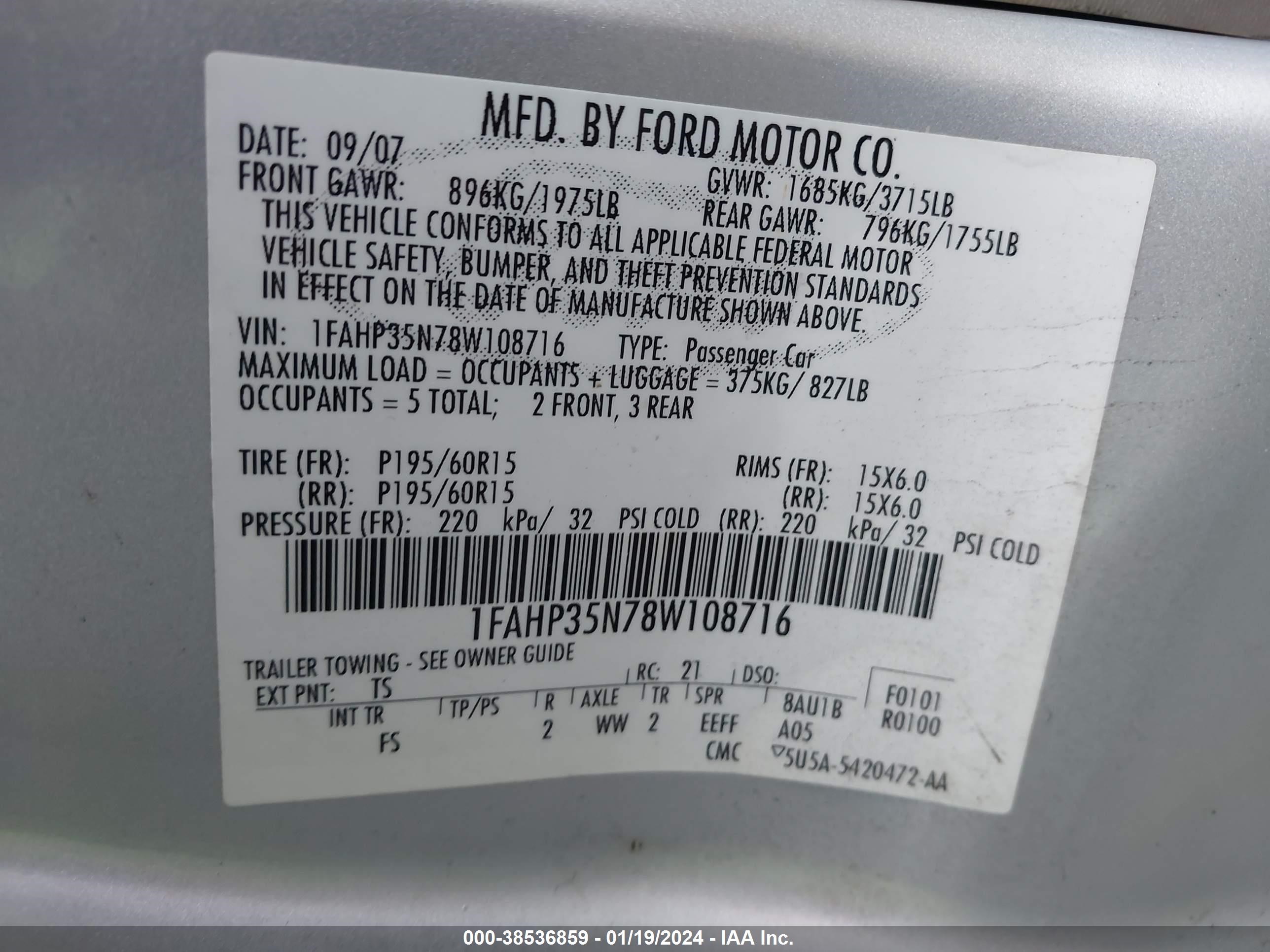 Photo 8 VIN: 1FAHP35N78W108716 - FORD FOCUS 