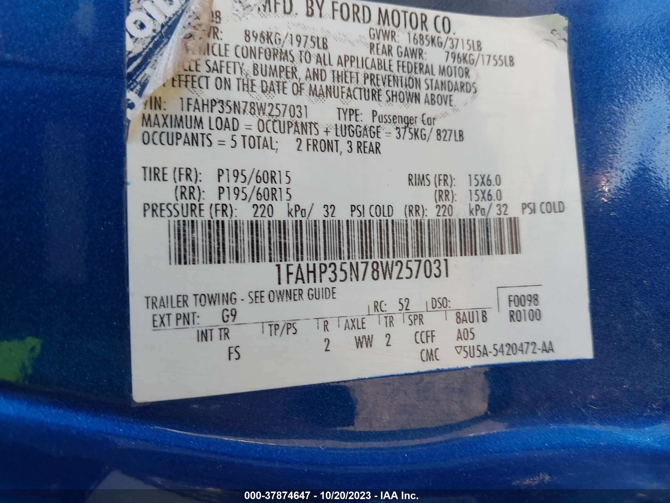 Photo 8 VIN: 1FAHP35N78W257031 - FORD FOCUS 