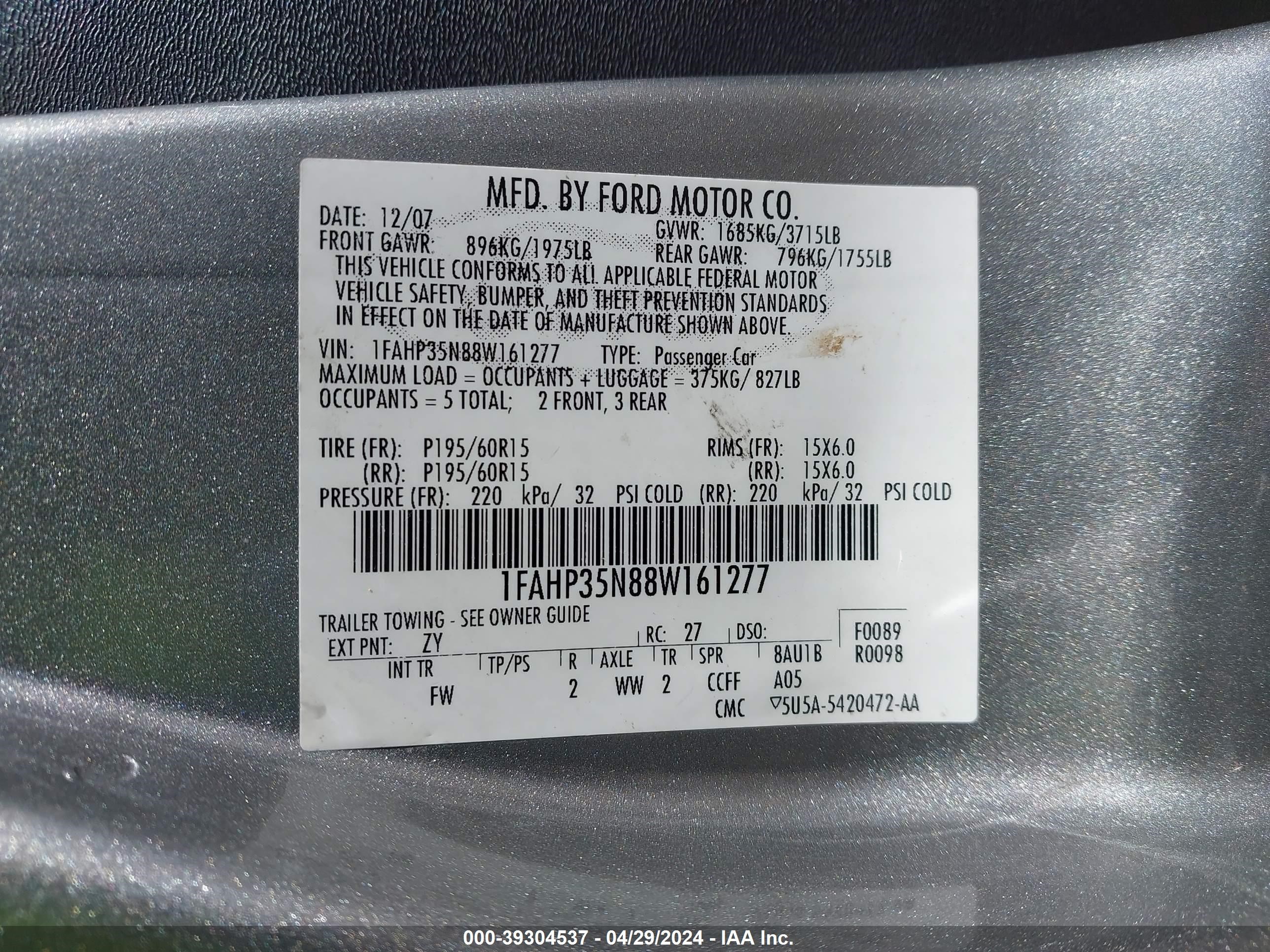 Photo 8 VIN: 1FAHP35N88W161277 - FORD FOCUS 