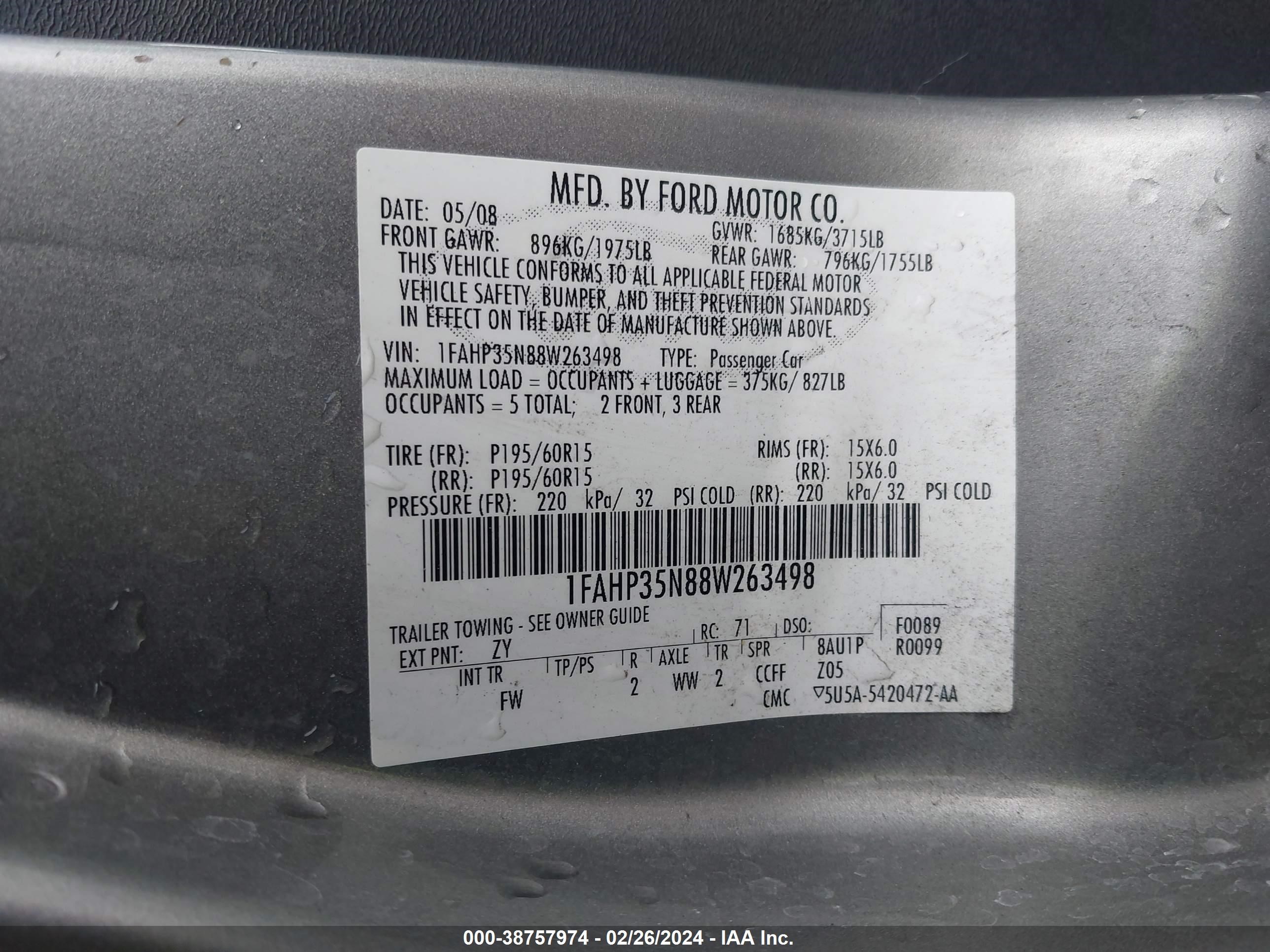 Photo 8 VIN: 1FAHP35N88W263498 - FORD FOCUS 