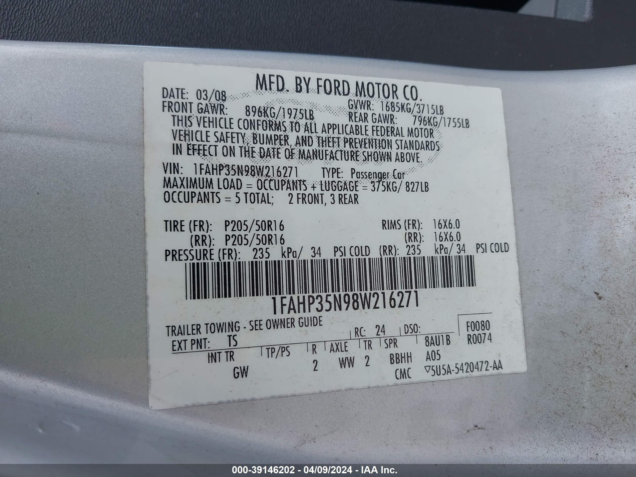 Photo 8 VIN: 1FAHP35N98W216271 - FORD FOCUS 