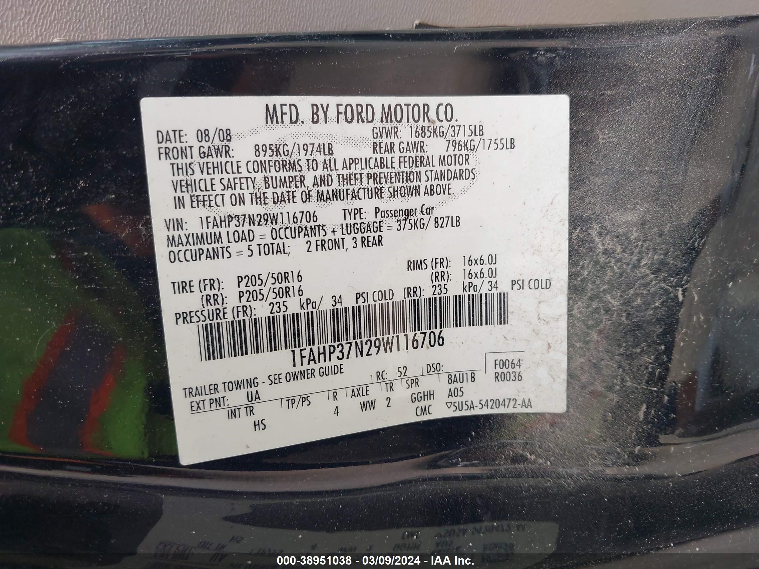 Photo 9 VIN: 1FAHP37N29W116706 - FORD FOCUS 