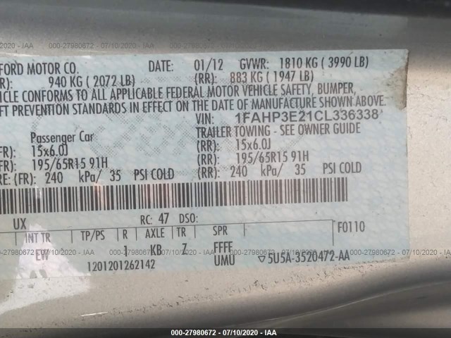 Photo 8 VIN: 1FAHP3E21CL336338 - FORD FOCUS 