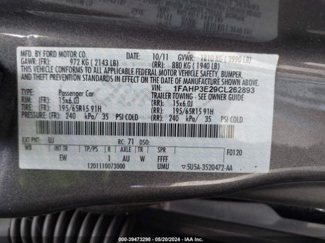 Photo 8 VIN: 1FAHP3E29CL262893 - FORD FOCUS 