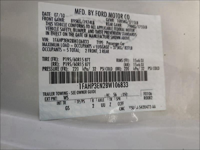 Photo 9 VIN: 1FAHP3EN2BW106833 - FORD FOCUS S 