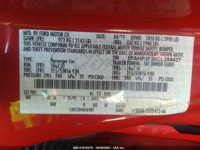 Photo 8 VIN: 1FAHP3F20CL384427 - FORD FOCUS 