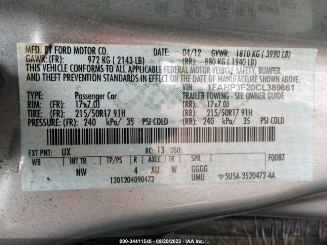 Photo 8 VIN: 1FAHP3F20CL389661 - FORD FOCUS 